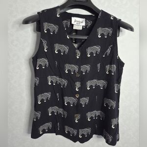 Jessica Black Zebra Print Women's Button Up Sleeveless V Neck Made In Canada